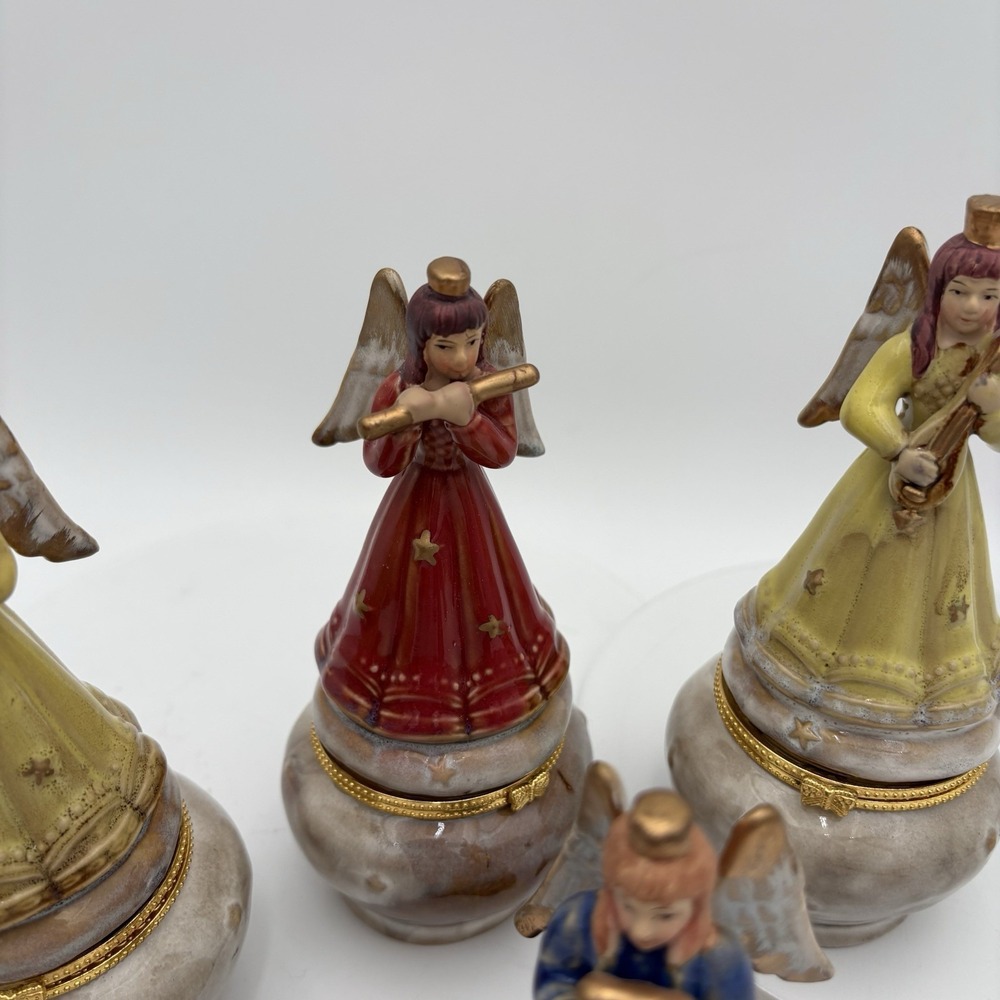 Set Of 4 Angel Trinket Box‎ with Instrument and Stars Hinged 6" Tall Vintage - Picture 5 of 15